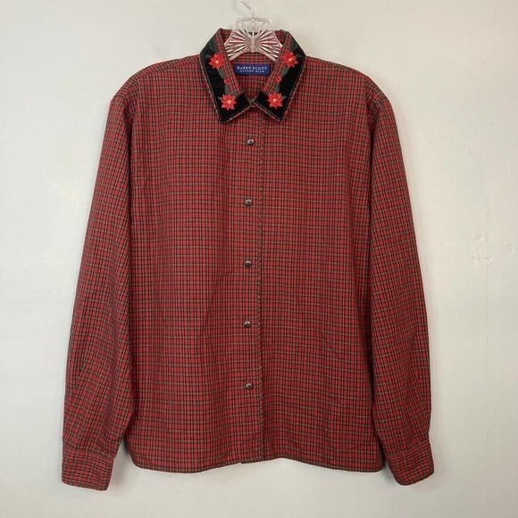 Karen Scott Red Green Plaid Velvet Trim Poinsettia Collar Button Up Shirt Size M - Picture 9 of 12